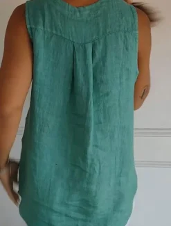 Discount Women's Shirt Button Up Cotton Linen Shirt Blouse Solid Color Elegant Daily Stylish Sleeveless V Neck Regular Tops Daily Holiday Going out Patchwork White Navy Blue Green Khaki Summer Spring Women Shirts