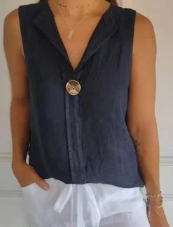 Discount Women's Shirt Button Up Cotton Linen Shirt Blouse Solid Color Elegant Daily Stylish Sleeveless V Neck Regular Tops Daily Holiday Going out Patchwork White Navy Blue Green Khaki Summer Spring Women Shirts