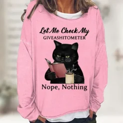 Discount Women's Shirt Cat Print Casual Sports Basic Long Sleeve Round Neck Black Fall & Winter Comfrt Breathable Soft Fabric Women Hoodies & Sweatshirts