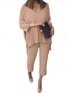 Women's Shirt Chinos Long Sleeve Solid Color Spring & Fall Regular Fit Women Two Piece Sets
