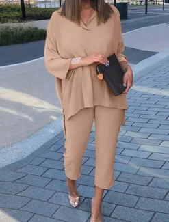 Women's Shirt Chinos Long Sleeve Solid Color Spring & Fall Regular Fit Women Two Piece Sets