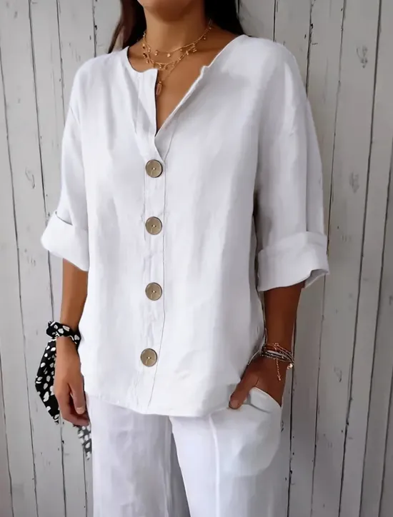 Women's Shirt Cotton Linen Shirts Button Up Blouse Solid Color Basic Casual 3/4 Length Sleeve V Neck Regular Tops Daily Buttons Black White Red Khaki Summer Women Shirts|Blouses & Shirts