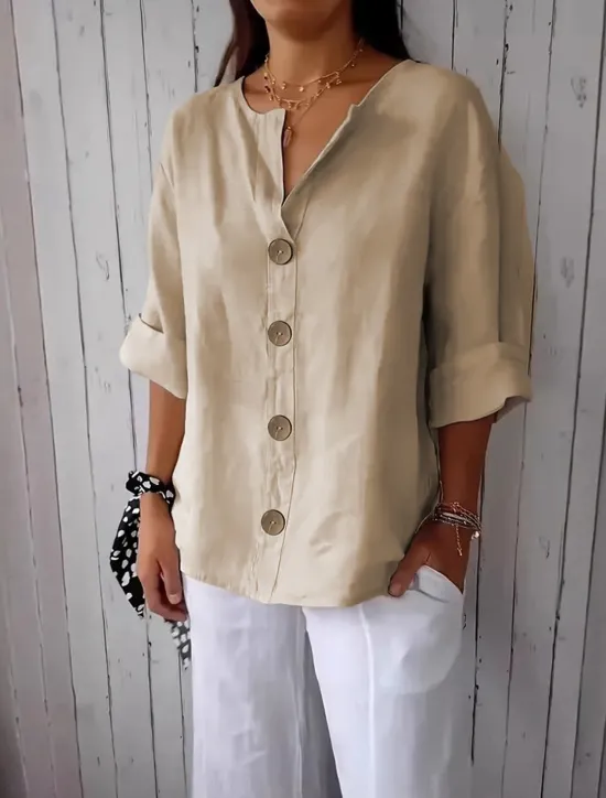 Women's Shirt Cotton Linen Shirts Button Up Blouse Solid Color Basic Casual 3/4 Length Sleeve V Neck Regular Tops Daily Buttons Black White Red Khaki Summer Women Shirts|Blouses & Shirts