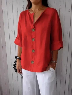 Women's Shirt Cotton Linen Shirts Button Up Blouse Solid Color Basic Casual 3/4 Length Sleeve V Neck Regular Tops Daily Buttons Black White Red Khaki Summer Women Shirts|Blouses & Shirts