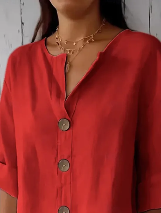 Women's Shirt Cotton Linen Shirts Button Up Blouse Solid Color Basic Casual 3/4 Length Sleeve V Neck Regular Tops Daily Buttons Black White Red Khaki Summer Women Shirts|Blouses & Shirts