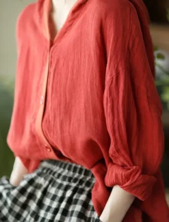 Discount Women's Shirt Cotton Linen Shirts Button Up Blouse Solid Color Basic Casual Long Sleeve Hooded Regular Tops Daily Buttons White Red Blue Beige Summer Women Shirts