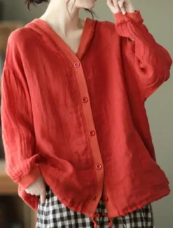 Discount Women's Shirt Cotton Linen Shirts Button Up Blouse Solid Color Basic Casual Long Sleeve Hooded Regular Tops Daily Buttons White Red Blue Beige Summer Women Shirts