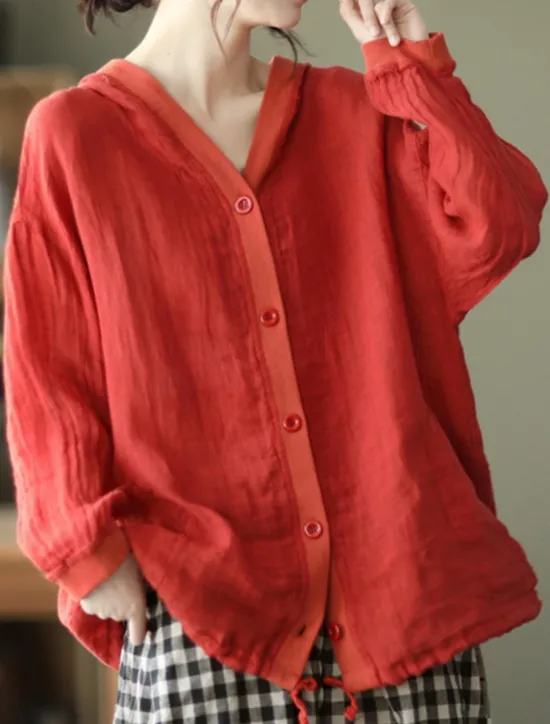 Discount Women's Shirt Cotton Linen Shirts Button Up Blouse Solid Color Basic Casual Long Sleeve Hooded Regular Tops Daily Buttons White Red Blue Beige Summer Women Shirts