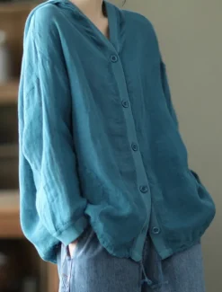 Discount Women's Shirt Cotton Linen Shirts Button Up Blouse Solid Color Basic Casual Long Sleeve Hooded Regular Tops Daily Buttons White Red Blue Beige Summer Women Shirts
