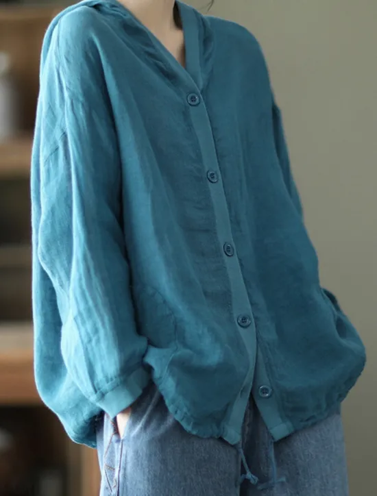 Discount Women's Shirt Cotton Linen Shirts Button Up Blouse Solid Color Basic Casual Long Sleeve Hooded Regular Tops Daily Buttons White Red Blue Beige Summer Women Shirts