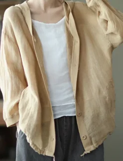 Discount Women's Shirt Cotton Linen Shirts Button Up Blouse Solid Color Basic Casual Long Sleeve Hooded Regular Tops Daily Buttons White Red Blue Beige Summer Women Shirts
