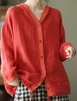 Discount Women's Shirt Cotton Linen Shirts Button Up Blouse Solid Color Basic Casual Long Sleeve Hooded Regular Tops Daily Buttons White Red Blue Beige Summer Women Shirts