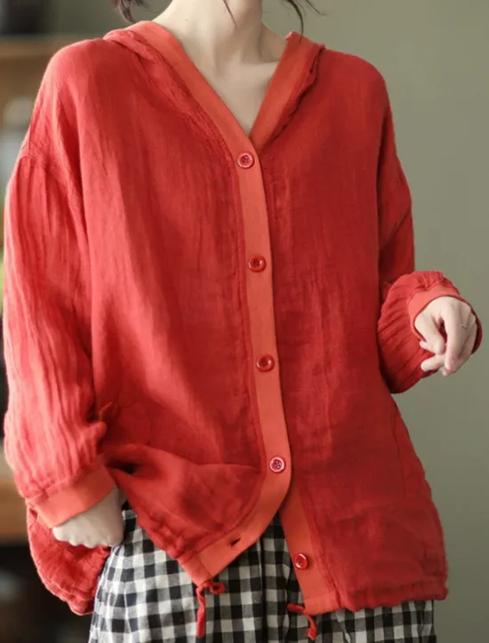 Discount Women's Shirt Cotton Linen Shirts Button Up Blouse Solid Color Basic Casual Long Sleeve Hooded Regular Tops Daily Buttons White Red Blue Beige Summer Women Shirts