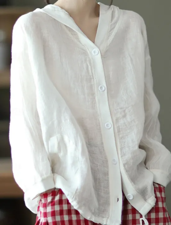 Discount Women's Shirt Cotton Linen Shirts Button Up Blouse Solid Color Basic Casual Long Sleeve Hooded Regular Tops Daily Buttons White Red Blue Beige Summer Women Shirts