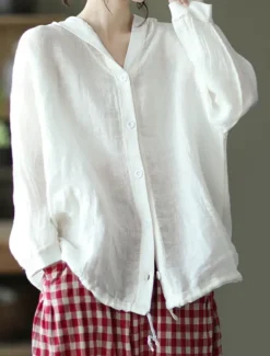 Discount Women's Shirt Cotton Linen Shirts Button Up Blouse Solid Color Basic Casual Long Sleeve Hooded Regular Tops Daily Buttons White Red Blue Beige Summer Women Shirts