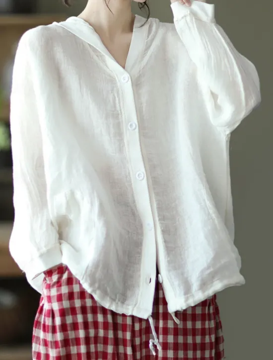 Discount Women's Shirt Cotton Linen Shirts Button Up Blouse Solid Color Basic Casual Long Sleeve Hooded Regular Tops Daily Buttons White Red Blue Beige Summer Women Shirts