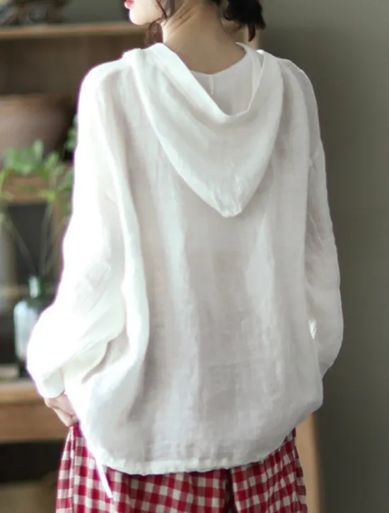 Discount Women's Shirt Cotton Linen Shirts Button Up Blouse Solid Color Basic Casual Long Sleeve Hooded Regular Tops Daily Buttons White Red Blue Beige Summer Women Shirts
