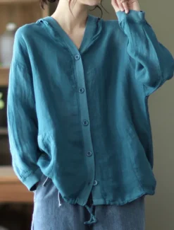 Discount Women's Shirt Cotton Linen Shirts Button Up Blouse Solid Color Basic Casual Long Sleeve Hooded Regular Tops Daily Buttons White Red Blue Beige Summer Women Shirts