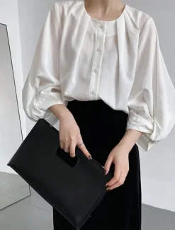 Sale Women's Shirt Cotton Linen Shirt Daily Ladies Long Sleeve Lantern Sleeve Crew Neck White Green Gray Spring & Fall Women Shirts