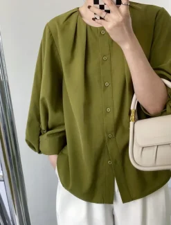 Sale Women's Shirt Cotton Linen Shirt Daily Ladies Long Sleeve Lantern Sleeve Crew Neck White Green Gray Spring & Fall Women Shirts