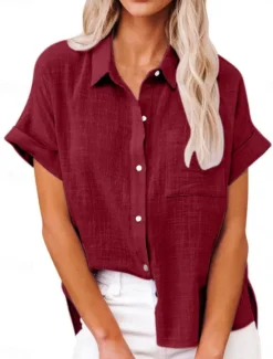 Discount Women's Shirt Cotton Linen Shirts Button Up Blouse Solid Color Basic Casual Short Sleeve Shirt Collar Regular Tops Daily Buttons Pocket Wine Army Green Summer Women Shirts