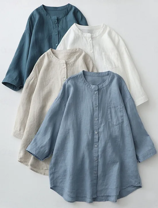 Best Women's Shirt Cotton Linen Shirts Button Up Blouse Solid Color Basic Casual 3/4 Length Sleeve Turtleneck Regular Tops Daily Buttons White Beige Light Blue Fall Winter Women Shirts
