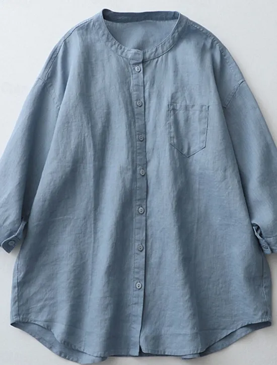 Best Women's Shirt Cotton Linen Shirts Button Up Blouse Solid Color Basic Casual 3/4 Length Sleeve Turtleneck Regular Tops Daily Buttons White Beige Light Blue Fall Winter Women Shirts