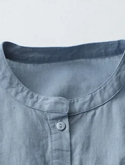 Best Women's Shirt Cotton Linen Shirts Button Up Blouse Solid Color Basic Casual 3/4 Length Sleeve Turtleneck Regular Tops Daily Buttons White Beige Light Blue Fall Winter Women Shirts