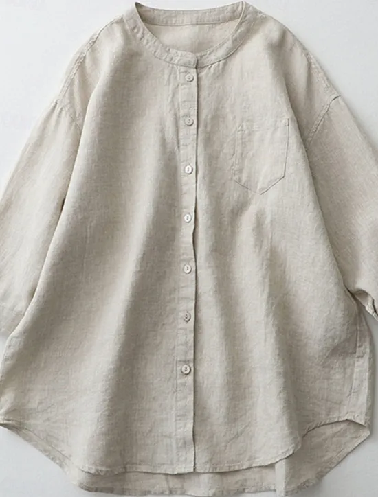 Best Women's Shirt Cotton Linen Shirts Button Up Blouse Solid Color Basic Casual 3/4 Length Sleeve Turtleneck Regular Tops Daily Buttons White Beige Light Blue Fall Winter Women Shirts