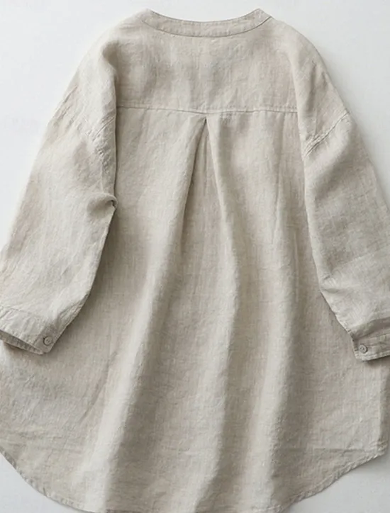 Best Women's Shirt Cotton Linen Shirts Button Up Blouse Solid Color Basic Casual 3/4 Length Sleeve Turtleneck Regular Tops Daily Buttons White Beige Light Blue Fall Winter Women Shirts