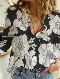 Clearance Women's Shirt Cotton Linen Shirts Button Up Blouse Floral Casual Long Sleeve Shirt Collar Regular Tops Vacation Daily Buttons Print Black Blue Green Spring & Summer Women Shirts