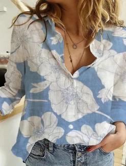 Clearance Women's Shirt Cotton Linen Shirts Button Up Blouse Floral Casual Long Sleeve Shirt Collar Regular Tops Vacation Daily Buttons Print Black Blue Green Spring & Summer Women Shirts