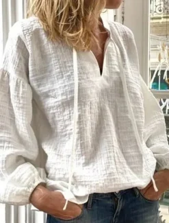 Clearance Women's Shirt Cotton Linen Shirt Vintage Long Sleeve Lantern Sleeve V Neck Going out Spring & Fall Women Shirts