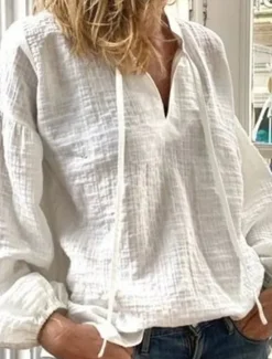 Clearance Women's Shirt Cotton Linen Shirt Vintage Long Sleeve Lantern Sleeve V Neck Going out Spring & Fall Women Shirts
