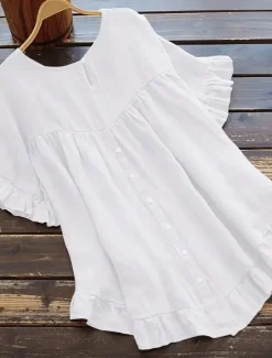 New Women's Shirt Cotton Linen Shirts Button Up Blouse Plain Fashion Round Neck Street Daily Ruffle Black White Yellow Blue Summer Women Shirts