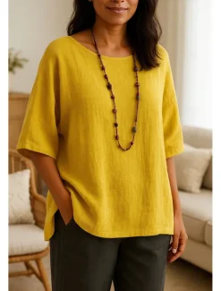 Outlet Women's Shirt Cotton Linen Shirt Plain Daily Stylish Basic 3/4 Length Sleeve Crew Neck Regular Tops Work Daily Holiday Yellow Pink Spring Fall Women Shirts