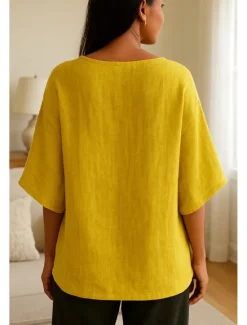 Outlet Women's Shirt Cotton Linen Shirt Plain Daily Stylish Basic 3/4 Length Sleeve Crew Neck Regular Tops Work Daily Holiday Yellow Pink Spring Fall Women Shirts