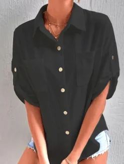 Hot Women's Shirt Cotton Linen Shirts Button Up Blouse Plain Fashion Shirt Collar Street Daily Buttons Pocket Black White Gray Summer Women Shirts