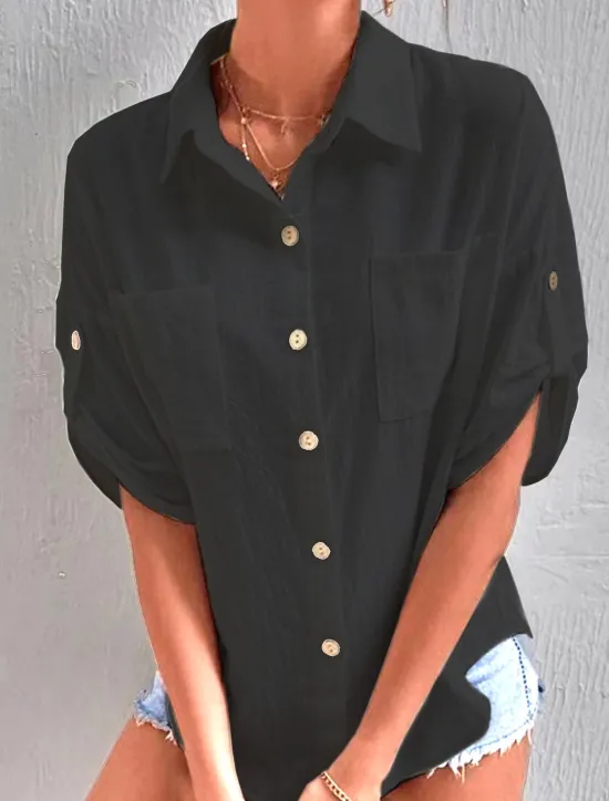 Hot Women's Shirt Cotton Linen Shirts Button Up Blouse Plain Fashion Shirt Collar Street Daily Buttons Pocket Black White Gray Summer Women Shirts