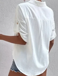 Hot Women's Shirt Cotton Linen Shirts Button Up Blouse Plain Fashion Shirt Collar Street Daily Buttons Pocket Black White Gray Summer Women Shirts