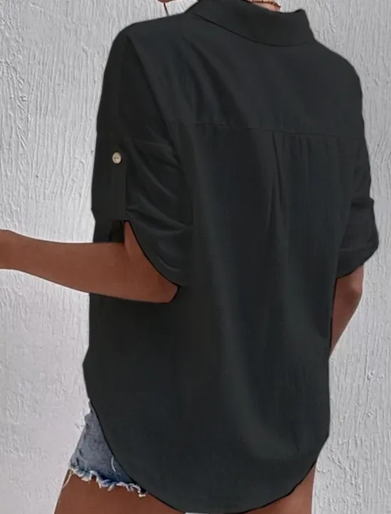 Hot Women's Shirt Cotton Linen Shirts Button Up Blouse Plain Fashion Shirt Collar Street Daily Buttons Pocket Black White Gray Summer Women Shirts
