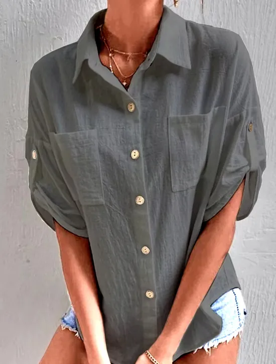 Hot Women's Shirt Cotton Linen Shirts Button Up Blouse Plain Fashion Shirt Collar Street Daily Buttons Pocket Black White Gray Summer Women Shirts