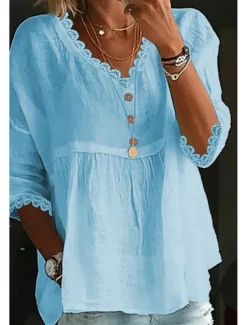 Discount Women's Shirt Cotton Linen Shirts Blouse Plain Basic Modern Casual 3/4 Length Sleeve V Neck Regular Tops Daily Holiday Going out Ruched White Pink Light Blue Summer Women Shirts