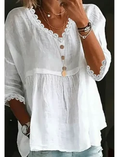 Discount Women's Shirt Cotton Linen Shirts Blouse Plain Basic Modern Casual 3/4 Length Sleeve V Neck Regular Tops Daily Holiday Going out Ruched White Pink Light Blue Summer Women Shirts