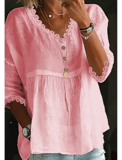 Discount Women's Shirt Cotton Linen Shirts Blouse Plain Basic Modern Casual 3/4 Length Sleeve V Neck Regular Tops Daily Holiday Going out Ruched White Pink Light Blue Summer Women Shirts