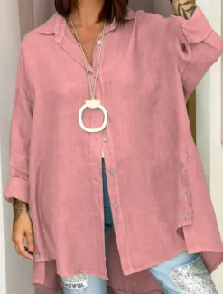 Hot Women's Shirt Cotton Linen Shirts Button Up Blouse Plain Stylish Casual Long Sleeve Shirt Collar Regular Tops Daily Buttons Black White Pink Green Spring Fall Women Shirts
