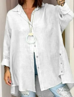 Hot Women's Shirt Cotton Linen Shirts Button Up Blouse Plain Stylish Casual Long Sleeve Shirt Collar Regular Tops Daily Buttons Black White Pink Green Spring Fall Women Shirts