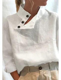 Online Women's Shirt Cotton Linen Shirts Blouse Plain Basic Modern Casual Long Sleeve High Neck Regular Tops Daily Going out Buttons Summer Women Shirts