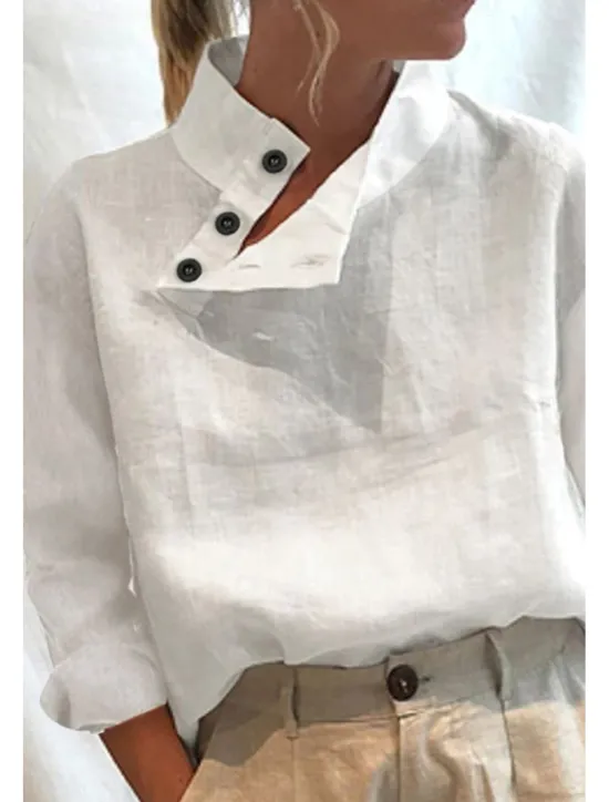 Online Women's Shirt Cotton Linen Shirts Blouse Plain Basic Modern Casual Long Sleeve High Neck Regular Tops Daily Going out Buttons Summer Women Shirts