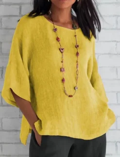 Best Women's Shirt Cotton Linen Shirts Blouse Long Cotton Top Plain Daily Basic Casual Long Sleeve Crew Neck Round Neck Regular Tops Daily Yellow Pink Blue Grey Spring Fall Women Shirts